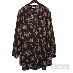 Joan Rivers Tunic Sz 22W Black With Beige Flowers Button Down LS